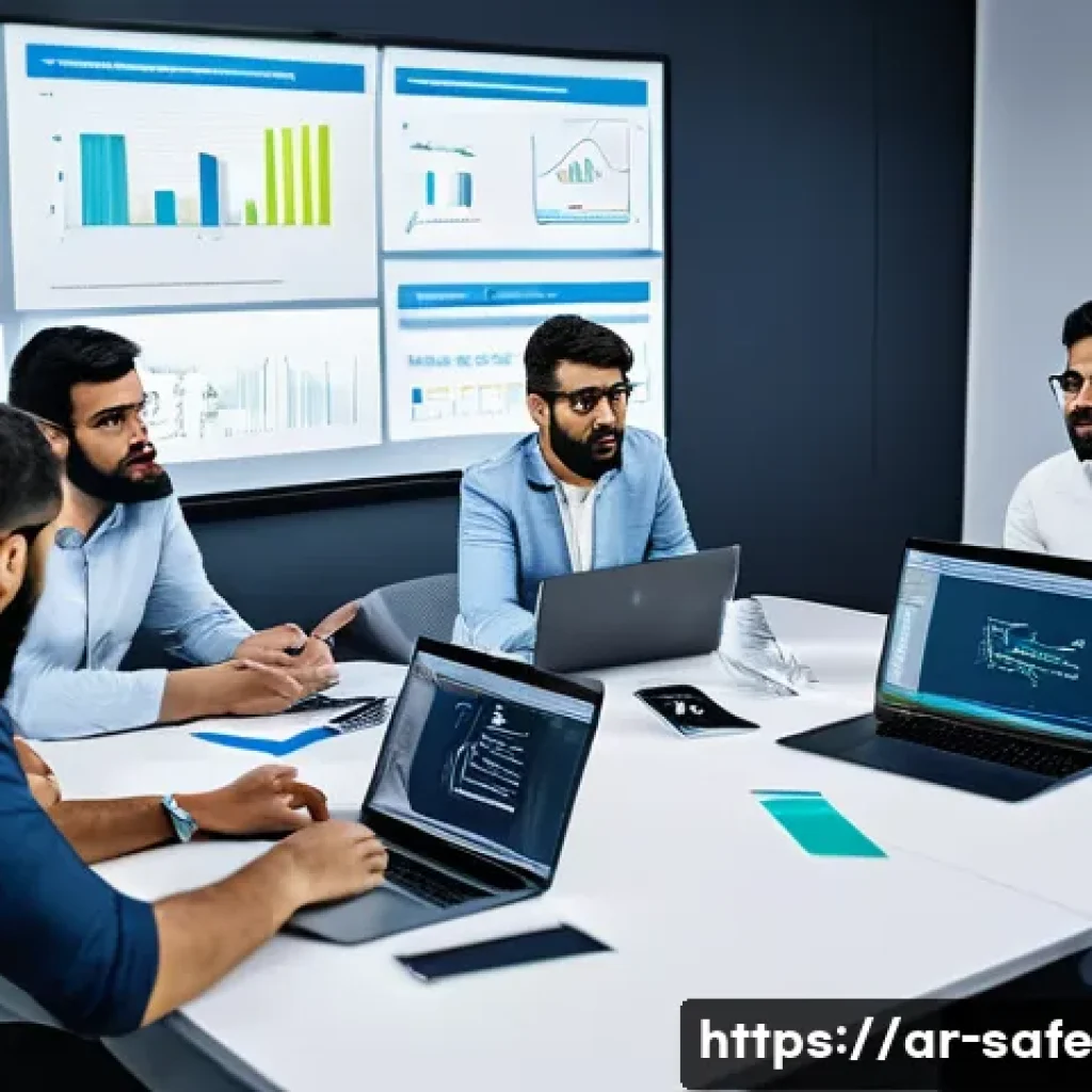 소프트웨어 공급망 보안의 핵심 성과 지표 - A modern software development team in a sleek office setting, composed of diverse Arabic professiona...