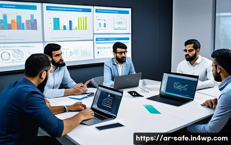 소프트웨어 공급망 보안의 핵심 성과 지표 - A modern software development team in a sleek office setting, composed of diverse Arabic professiona...