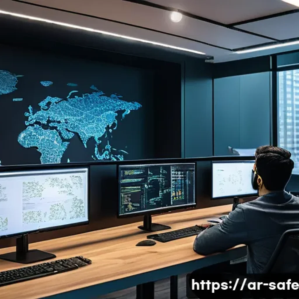 소프트웨어 공급망 보안 연구개발 투자 - A detailed, modern software development office scene showcasing a diverse team of Arabic-speaking so...