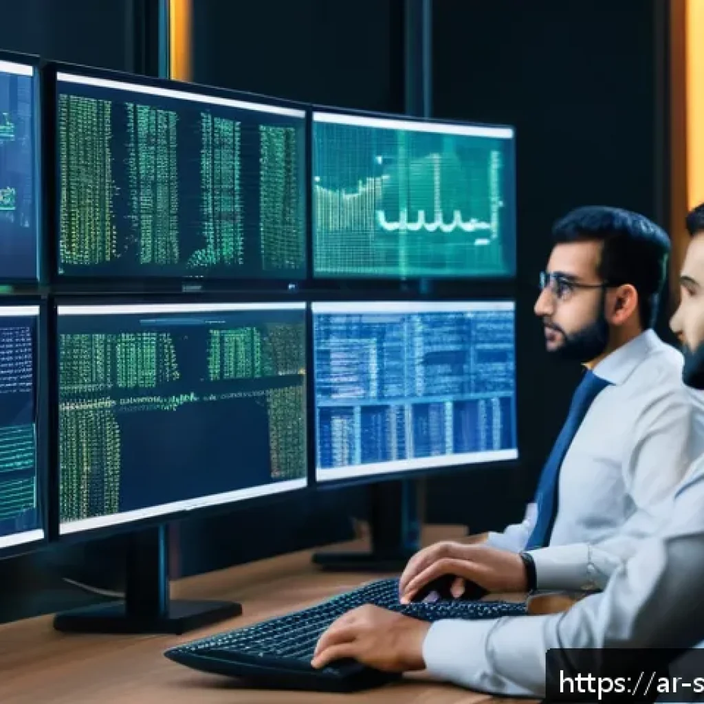 소프트웨어 공급망 보안에서의 기술 통합 방안 - A sophisticated software development environment showcasing a diverse team of Arab software engineer...