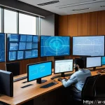 Home 18 소프트웨어 공급망 보안 위협 모델링 기법 - A detailed digital illustration showing a diverse cybersecurity team of Arab professionals in a mode...