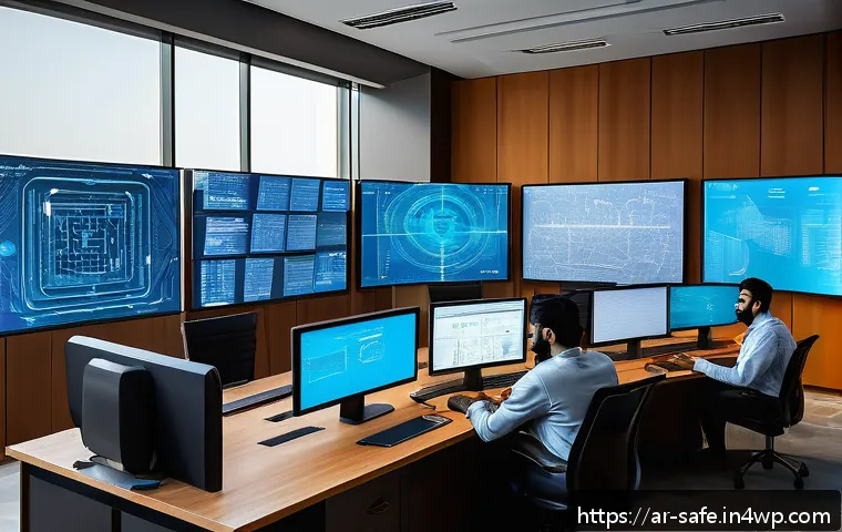 소프트웨어 공급망 보안 위협 모델링 기법 - A detailed digital illustration showing a diverse cybersecurity team of Arab professionals in a mode...